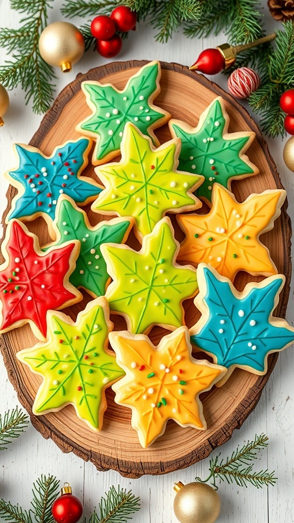 Decorated Christmas leaf cookies on a wooden platter with holiday decorations.